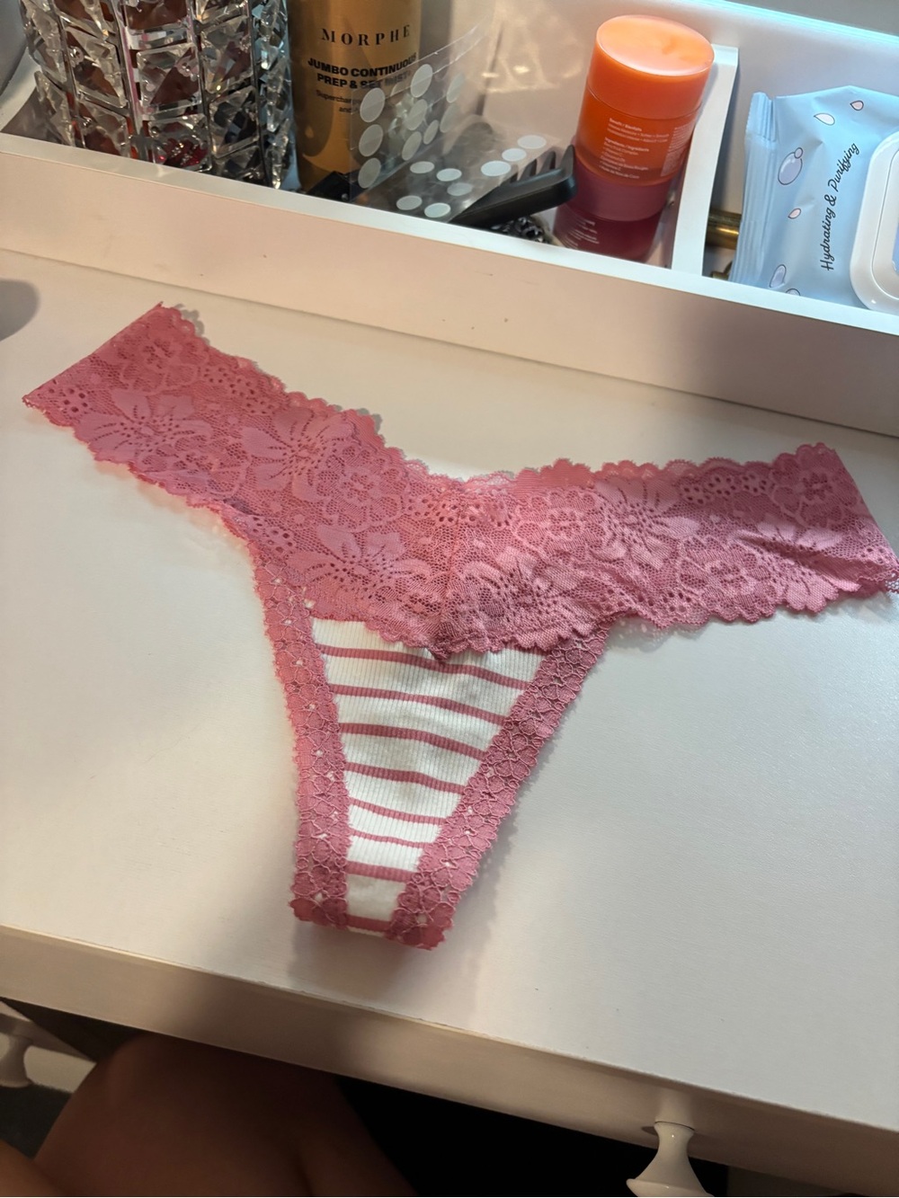 Victoria's Secret Pink Lace-Trim Striped Thong